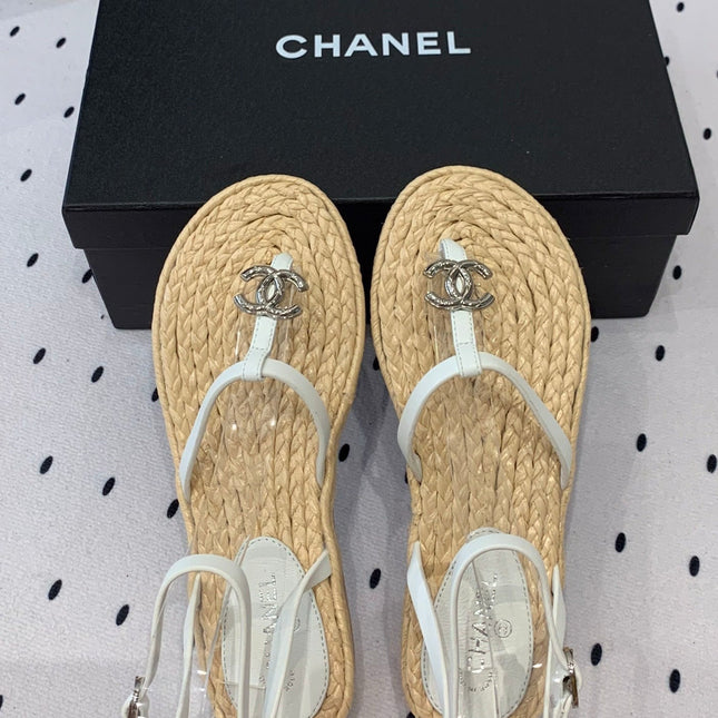 Double CC Vintage straw sandals replica designer shoe White Beige sheepskin