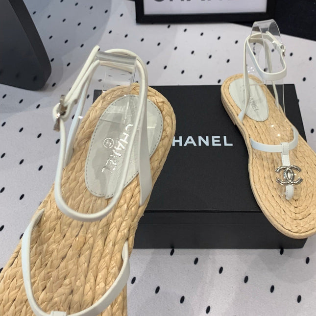 Double CC Vintage straw sandals replica designer shoe White Beige sheepskin