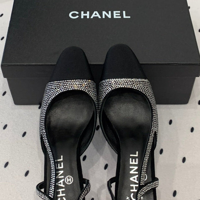 Double CC Rhinestone Slingback Sheepskin Silver Black