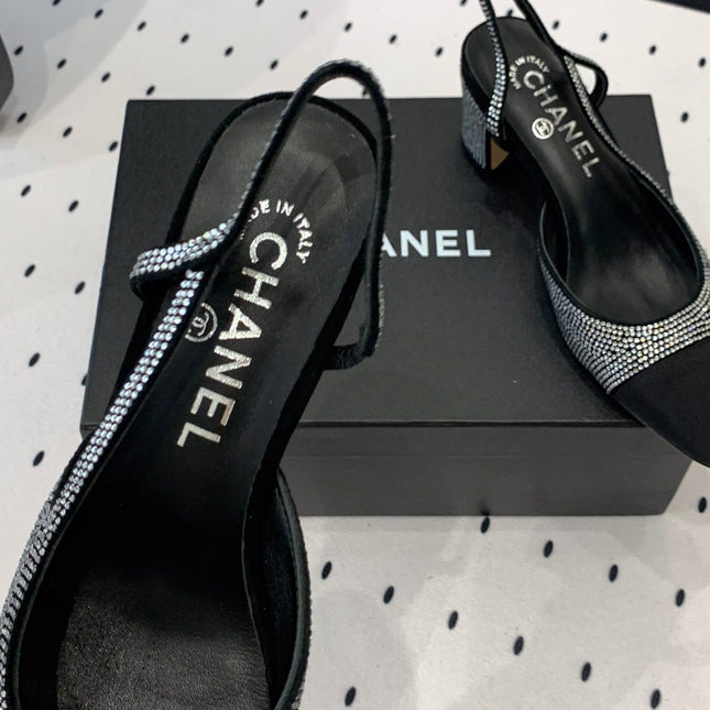 Double CC Rhinestone Slingback Sheepskin Silver Black