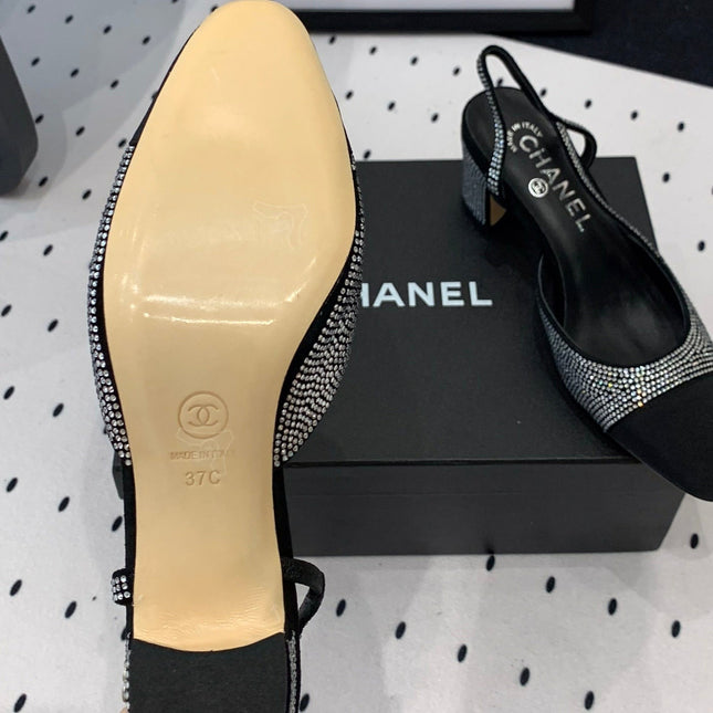 Double CC Rhinestone Slingback Sheepskin Silver Black