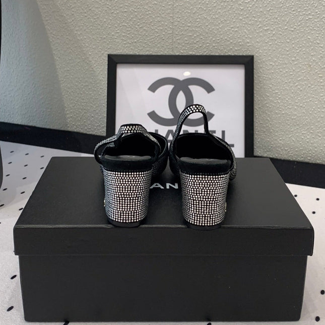 Double CC Rhinestone Slingback Sheepskin Silver Black