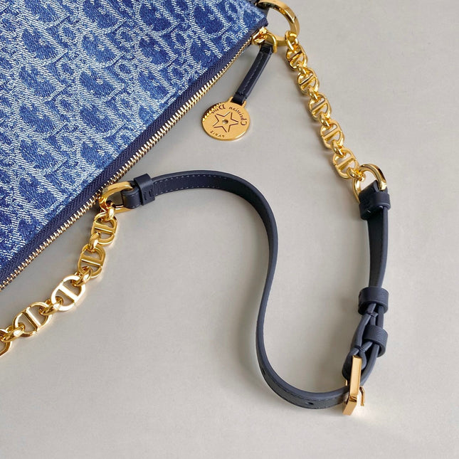 DIORSTAR 28 HOBO BAG WITH CHAIN BLUE DENIM OBLIQUE JACQUARD