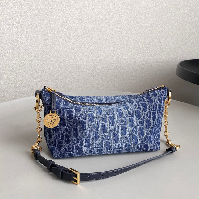 DIORSTAR 28 HOBO BAG WITH CHAIN BLUE DENIM OBLIQUE JACQUARD