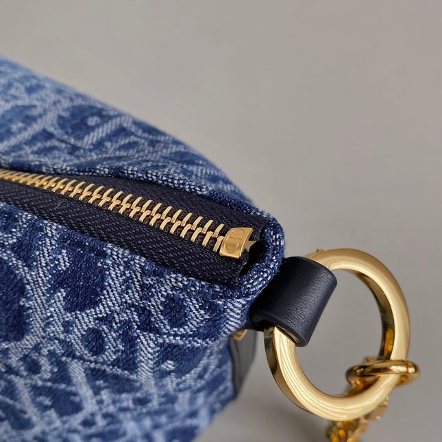 DIORSTAR 28 HOBO BAG WITH CHAIN BLUE DENIM OBLIQUE JACQUARD