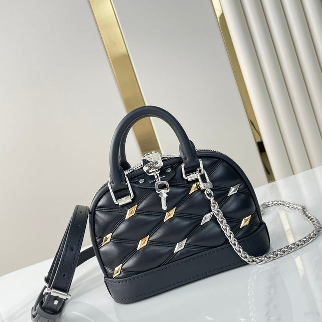 NANO ALMA 18 IN BLACK QUILTED LAMBSKIN GOLD AND SILVER HARDWARE