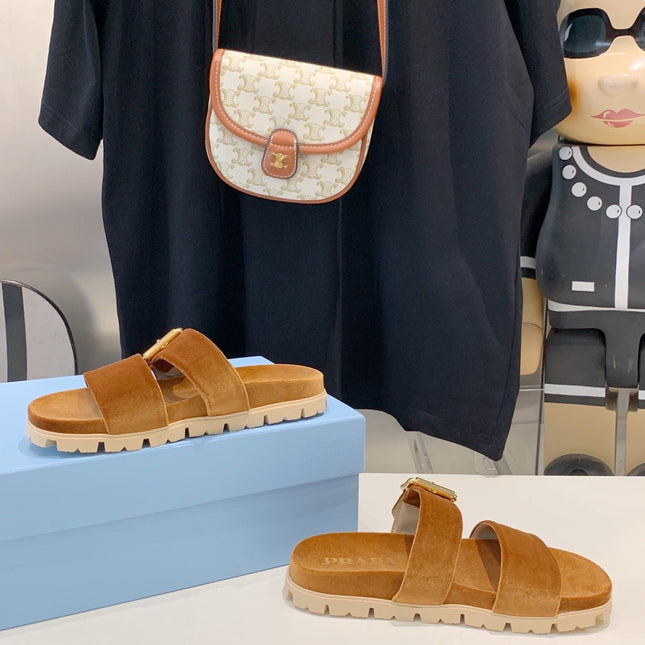 PRA SLIDES SANDALS CAMEL VELVET