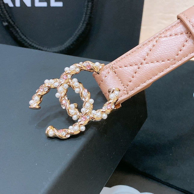 CC BELT 20MM IN PEACHY PINK EMBROIDERED CALFSKIN GOLD HARDWARE ATTACH PEARLS
