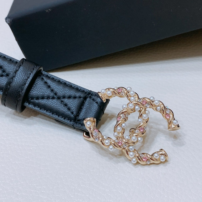 CC BELT 20MM IN BLACK EMBROIDERED CALFSKIN GOLD HARDWARE ATTACH PEARLS