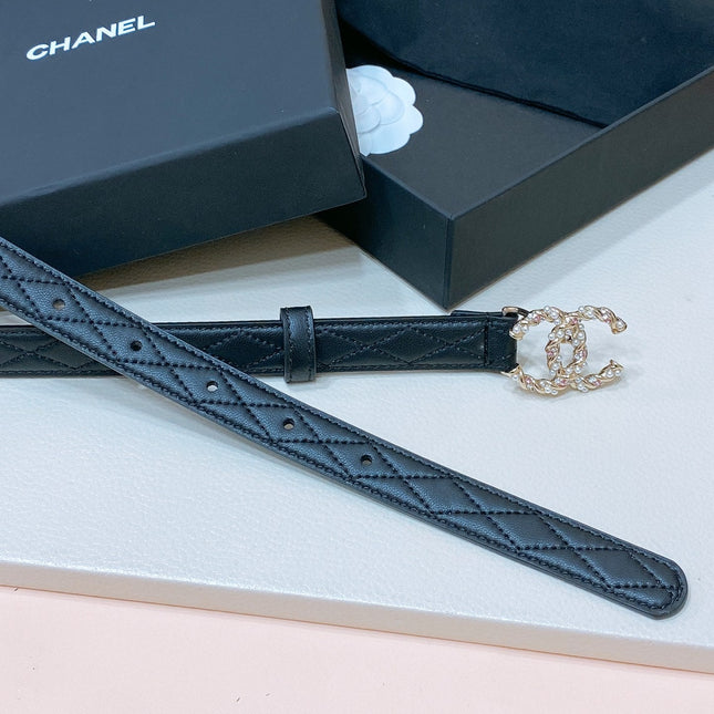 CC BELT 20MM IN BLACK EMBROIDERED CALFSKIN GOLD HARDWARE ATTACH PEARLS