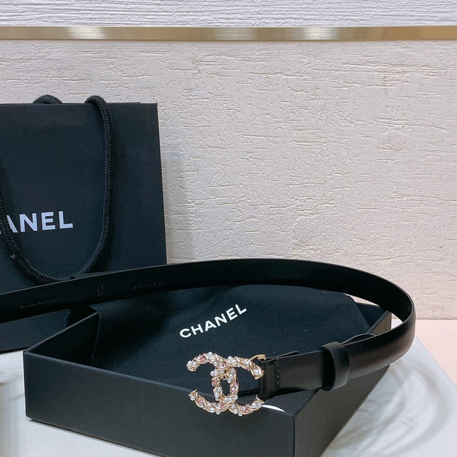 CC BELT 20MM IN BLACK CALFSKIN GOLD HARDWARE ATTACH PEARLS