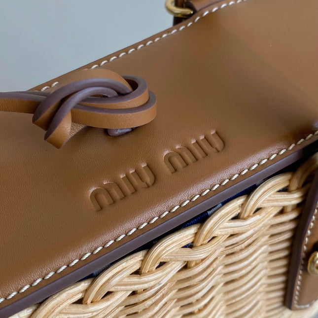 BASKET 20 BAG IN BROWN BEIGE WICKER AND LEATHER