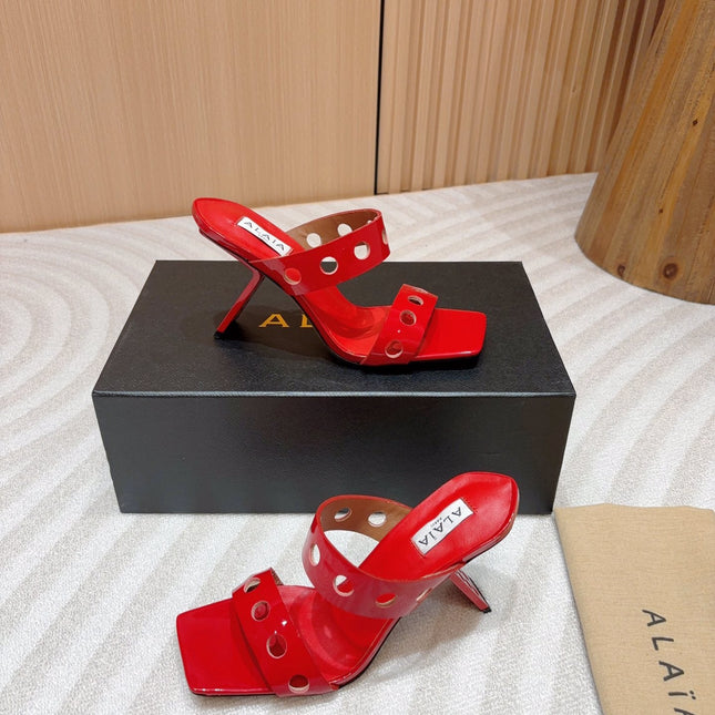 ALAIA TWO-STRAPS HIGH HEEL SANDALS IN CHERRY RED PATENT LAMBSKIN