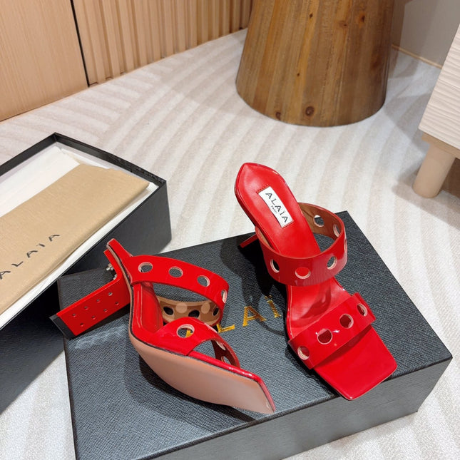 ALAIA TWO-STRAPS HIGH HEEL SANDALS IN CHERRY RED PATENT LAMBSKIN