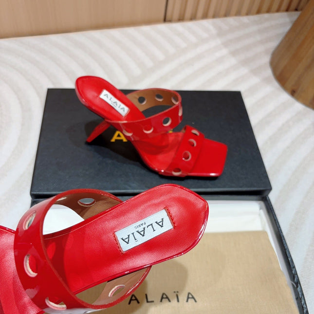 ALAIA TWO-STRAPS HIGH HEEL SANDALS IN CHERRY RED PATENT LAMBSKIN