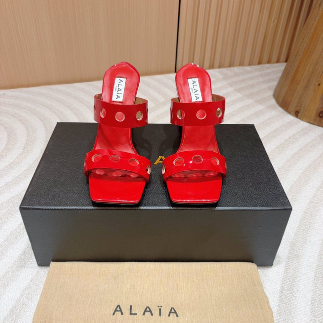 ALAIA TWO-STRAPS HIGH HEEL SANDALS IN CHERRY RED PATENT LAMBSKIN