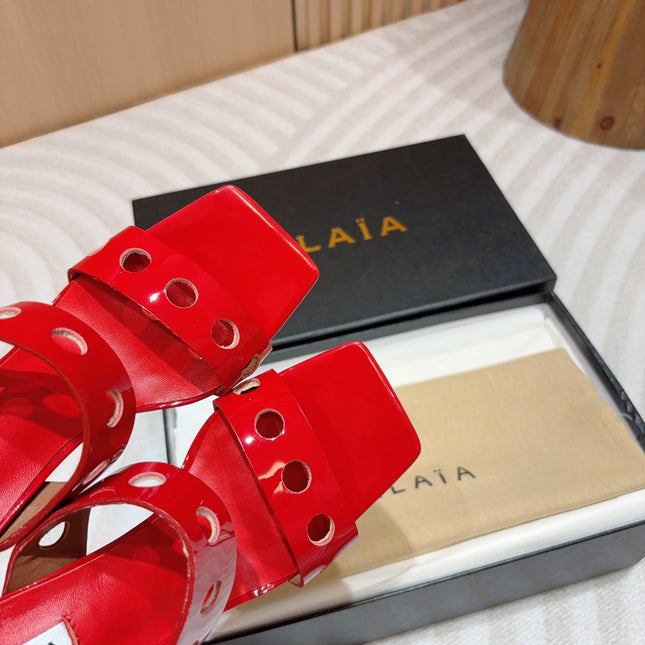ALAIA TWO-STRAPS HIGH HEEL SANDALS IN CHERRY RED PATENT LAMBSKIN