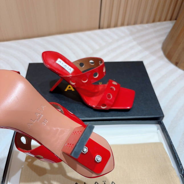 ALAIA TWO-STRAPS HIGH HEEL SANDALS IN CHERRY RED PATENT LAMBSKIN