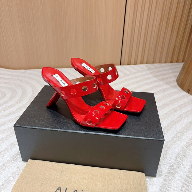 ALAIA TWO-STRAPS HIGH HEEL SANDALS IN CHERRY RED PATENT LAMBSKIN