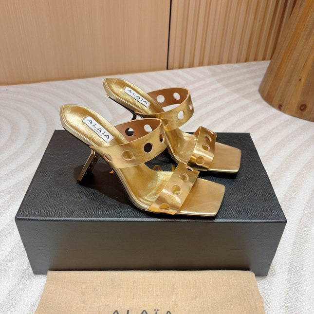 ALAIA TWO-STRAPS HIGH HEEL SANDALS IN GOLDEN PATENT LAMBSKIN