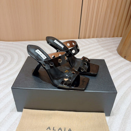 ALAIA TWO-STRAPS HIGH HEEL SANDALS IN BLACK PATENT LAMBSKIN