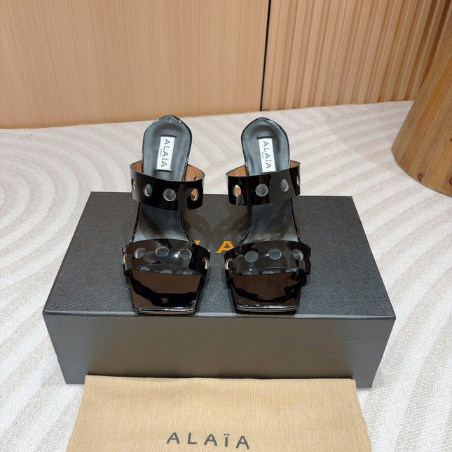 ALAIA TWO-STRAPS HIGH HEEL SANDALS IN BLACK PATENT LAMBSKIN