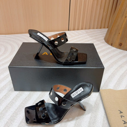 ALAIA TWO-STRAPS HIGH HEEL SANDALS IN BLACK PATENT LAMBSKIN