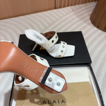 ALAIA TWO-STRAPS HIGH HEEL SANDALS IN WHITE PATENT LAMBSKIN