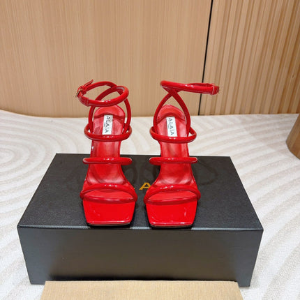 ALAIA THREE-STRAPS HIGH HEEL SANDALS IN CHERRY RED PATENT LAMBSKIN