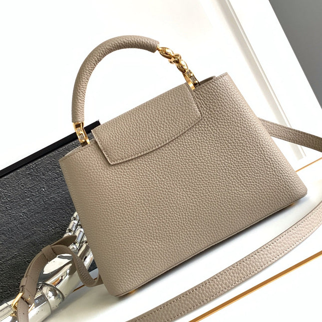 CAPUCINES BB 27 IN KHAKI BROWN TAURILLON GOLD HARDWARE