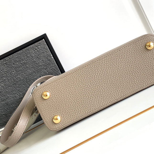 CAPUCINES BB 27 IN KHAKI BROWN TAURILLON GOLD HARDWARE