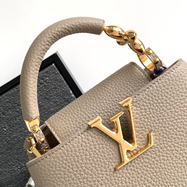 CAPUCINES MINI 21 IN KHAKI BROWN TAURILLON GOLD HARDWARE