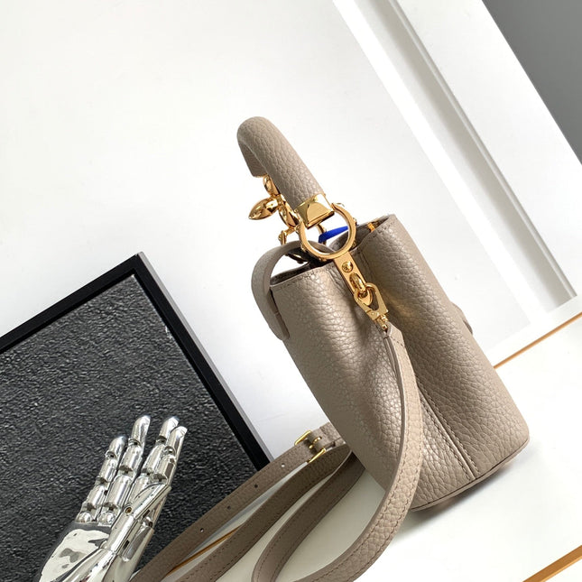 CAPUCINES MINI 21 IN KHAKI BROWN TAURILLON GOLD HARDWARE