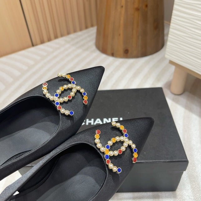 CC HIGH SLINGBACKS BLACK SATIN AND LAMBSKIN