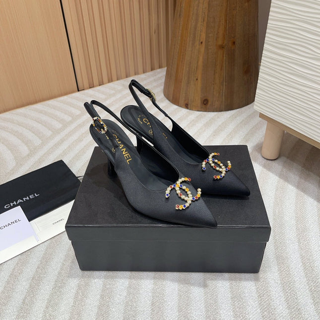 CC HIGH SLINGBACKS BLACK SATIN AND LAMBSKIN