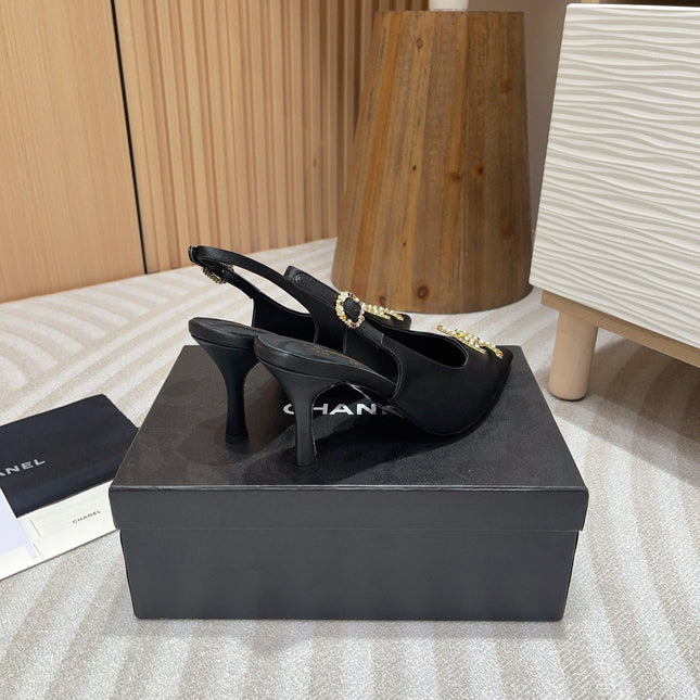 CC HIGH SLINGBACKS BLACK SATIN AND LAMBSKIN