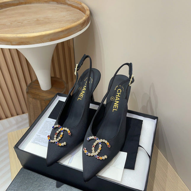 CC HIGH SLINGBACKS BLACK SATIN AND LAMBSKIN