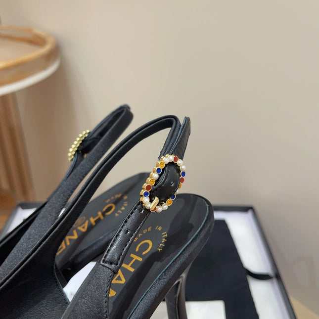 CC HIGH SLINGBACKS BLACK SATIN AND LAMBSKIN