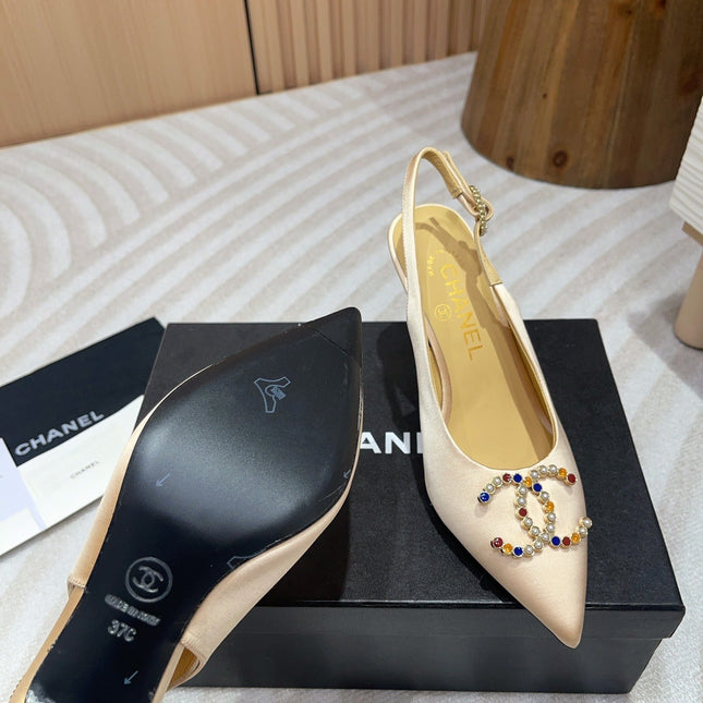 CC HIGH SLINGBACKS BEIGE CREAM SATIN AND LAMBSKIN