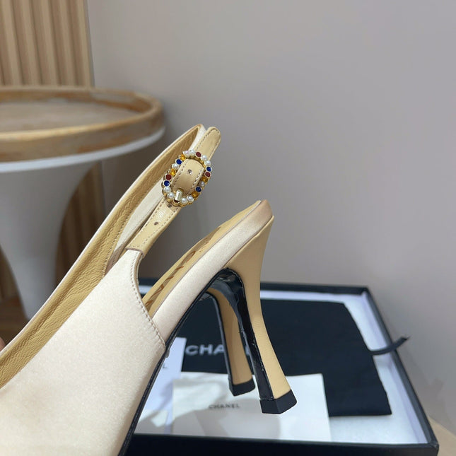 CC HIGH SLINGBACKS BEIGE CREAM SATIN AND LAMBSKIN