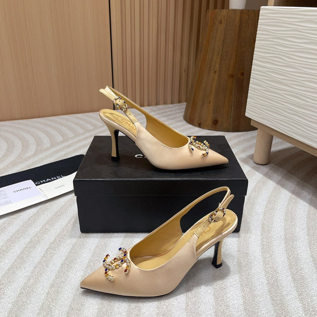 CC HIGH SLINGBACKS BEIGE CREAM SATIN AND LAMBSKIN