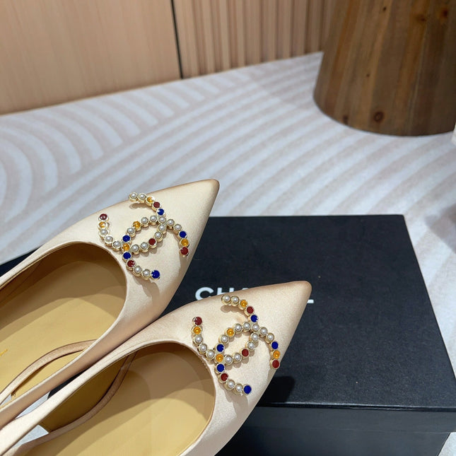 CC HIGH SLINGBACKS BEIGE CREAM SATIN AND LAMBSKIN
