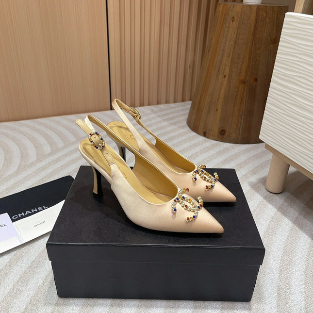 CC HIGH SLINGBACKS BEIGE CREAM SATIN AND LAMBSKIN