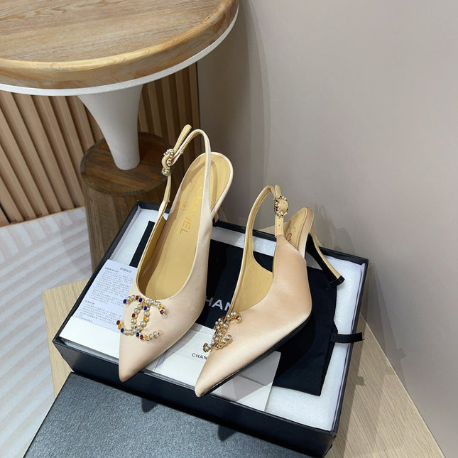 CC HIGH SLINGBACKS BEIGE CREAM SATIN AND LAMBSKIN