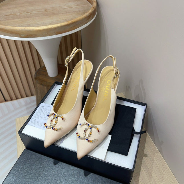 CC HIGH SLINGBACKS BEIGE CREAM SATIN AND LAMBSKIN