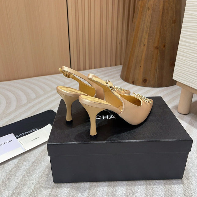 CC HIGH SLINGBACKS BEIGE CREAM SATIN AND LAMBSKIN