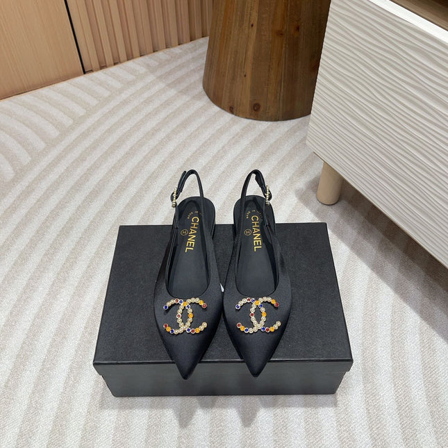 CC SLINGBACKS BLACK SATIN AND LAMBSKIN