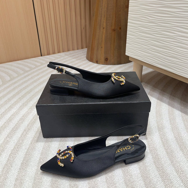 CC SLINGBACKS BLACK SATIN AND LAMBSKIN