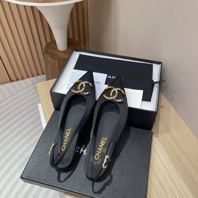 CC SLINGBACKS BLACK SATIN AND LAMBSKIN