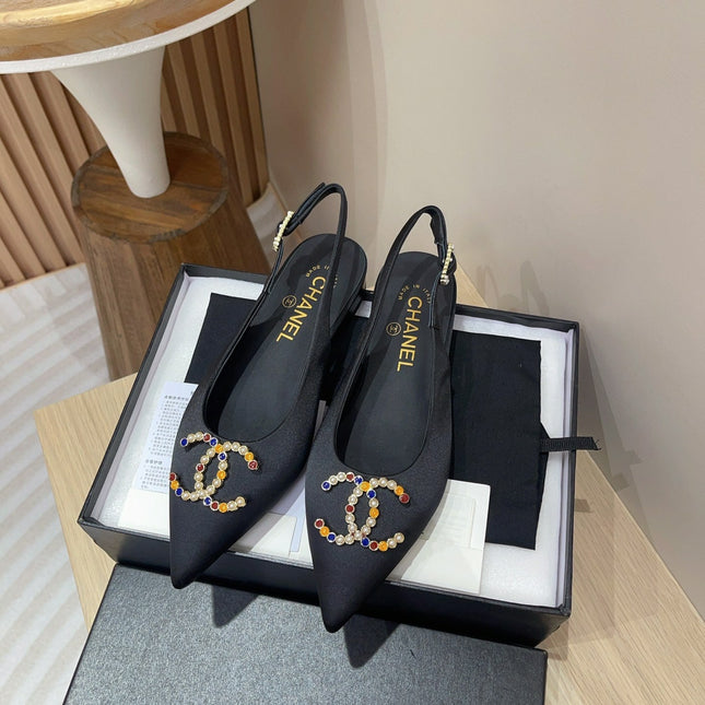 CC SLINGBACKS BLACK SATIN AND LAMBSKIN